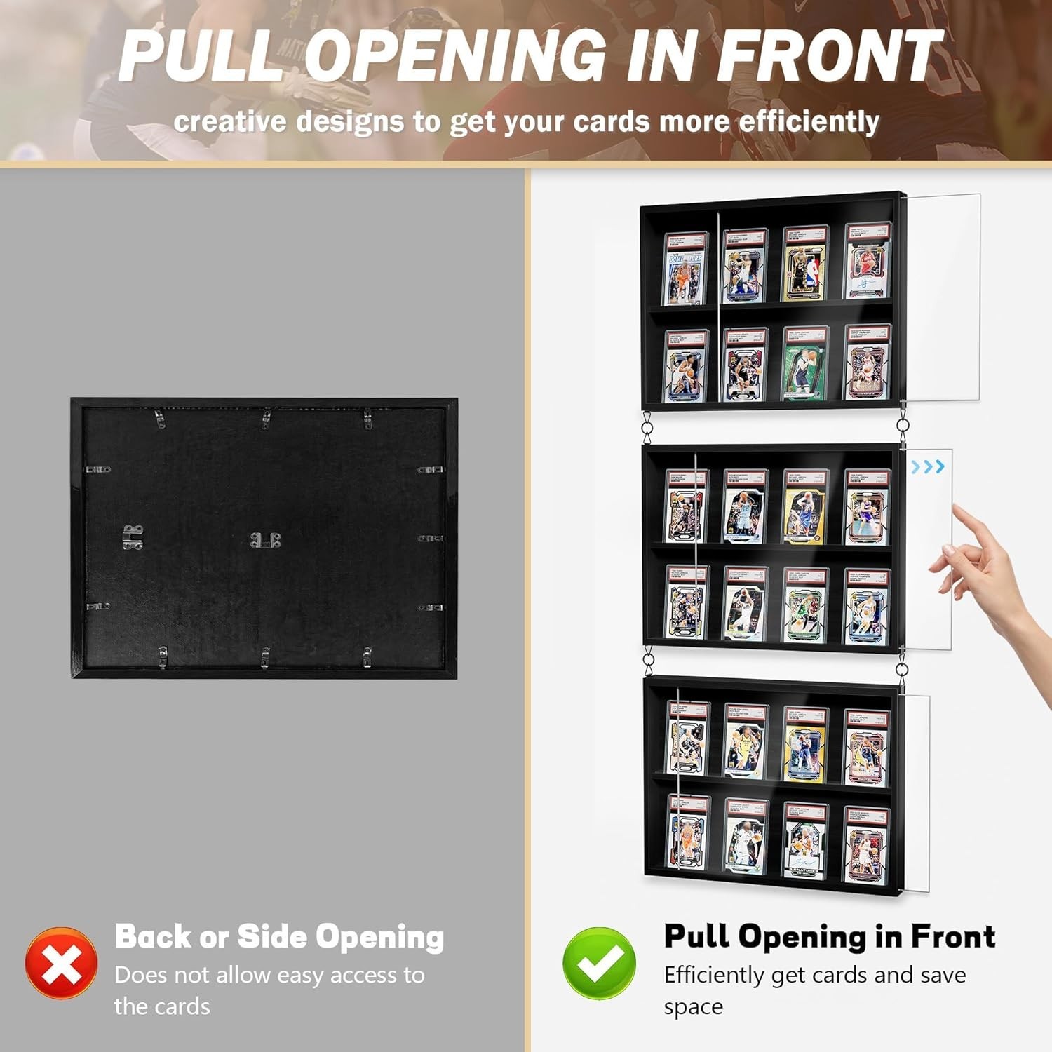 3-Pack Black Wooden Trading Card Display Cases with Acrylic Front for Wall Mount