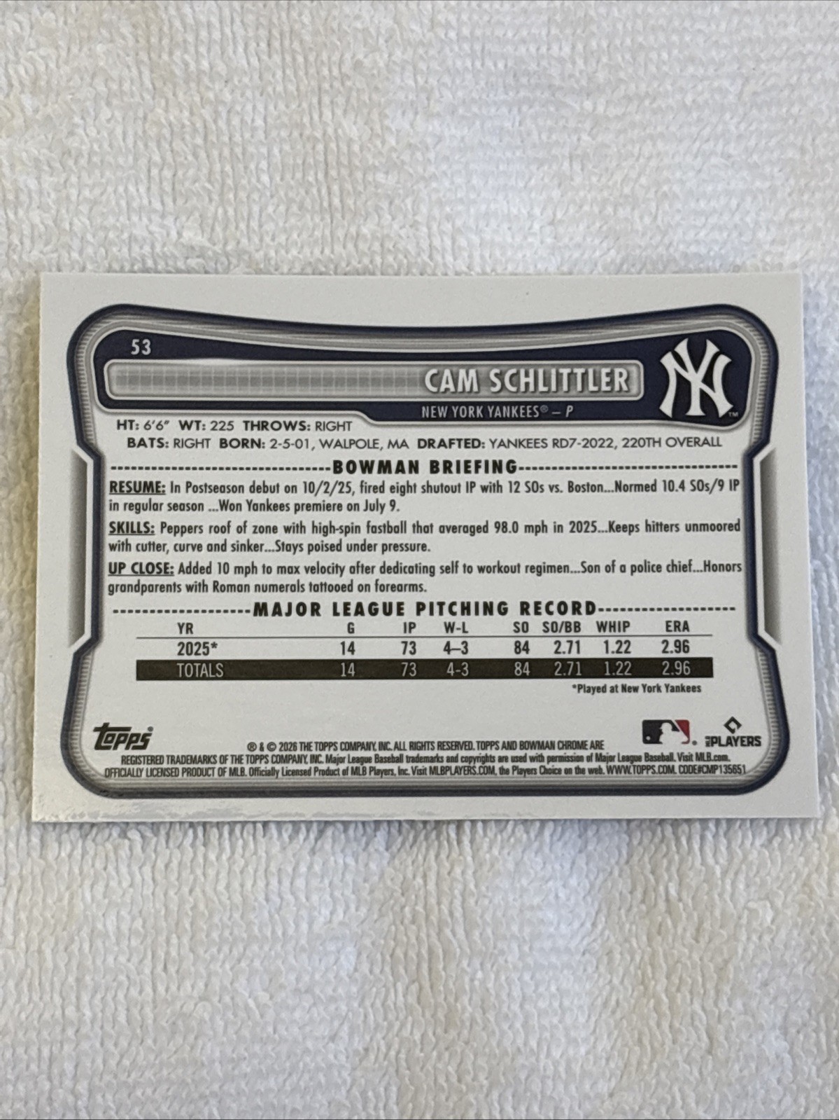 🪶2026 Bowman Chrome Mojo Cam Schlittler Rookie New York Yankees #53