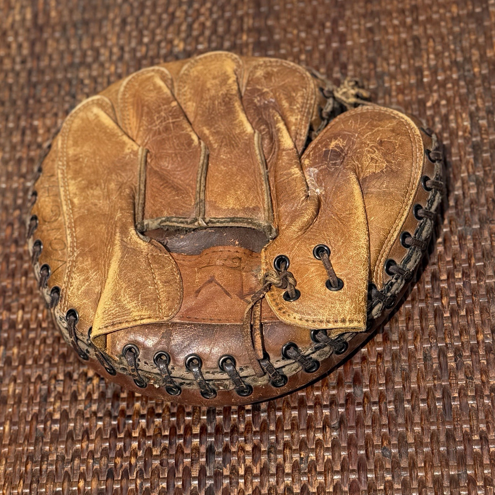 Vintage Leather Baseball Catcher’s Mitt Glove Brown, Name Marked John L. Kram