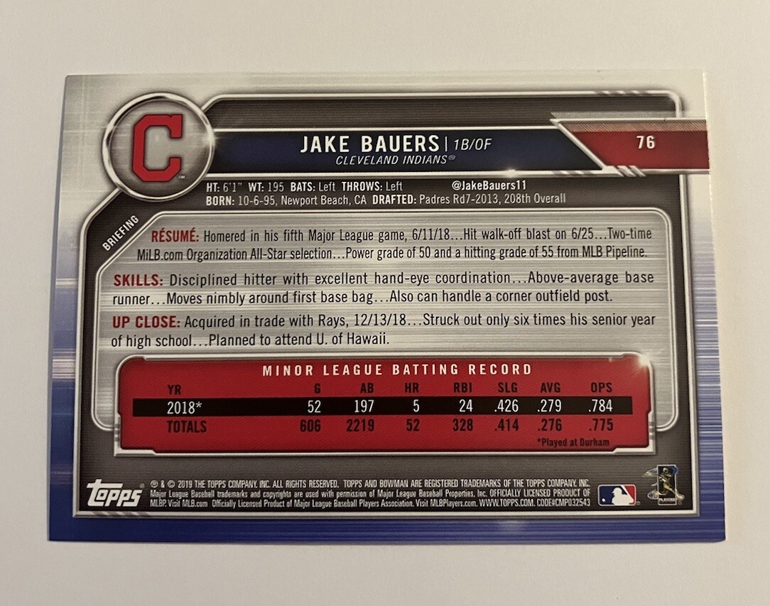 Jake Bauers 2019 Bowman Rookie Card #76 Cleveland Guardians RC