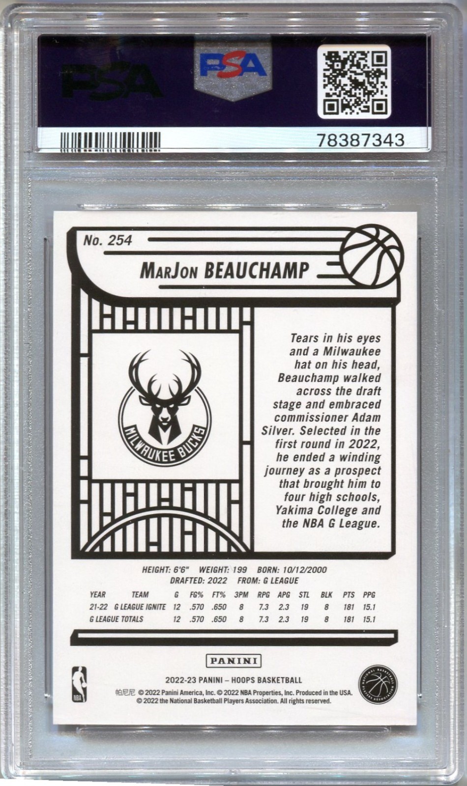 2022 Panini NBA Hoops Marjon Beauchamp Gravity /75 PSA 9 No. 254