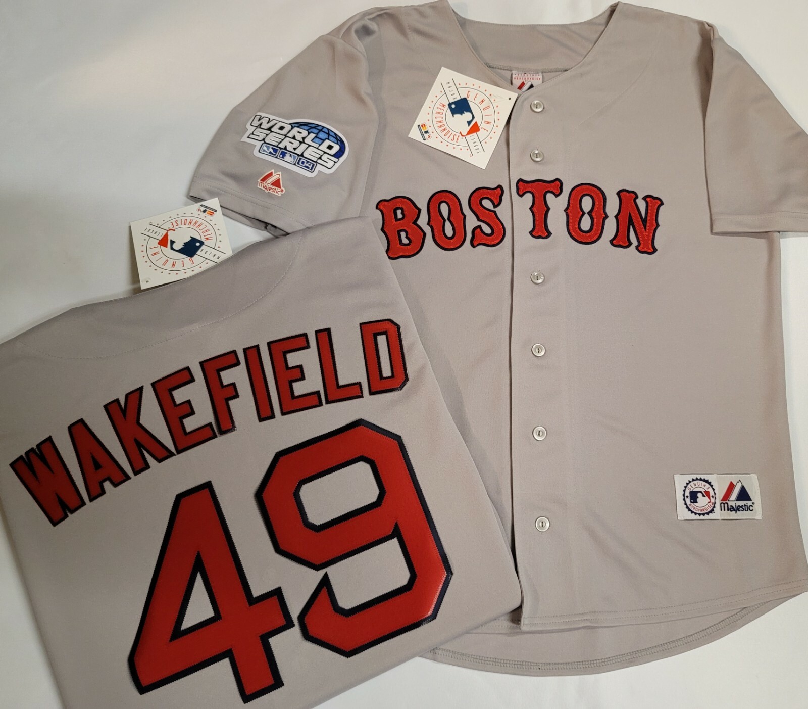Majestic Boston Red Sox TIM WAKEFIELD 2004 World Series Baseball JERSEY GRAY