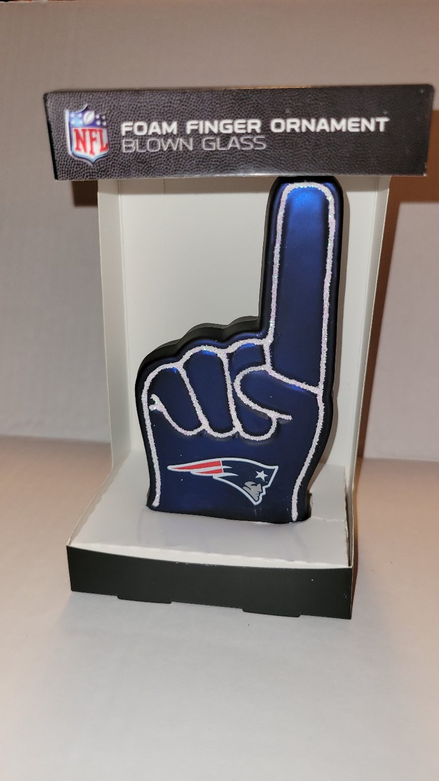 New England Patriots NFL Foam Finger Ornament Blown Glass Collectible