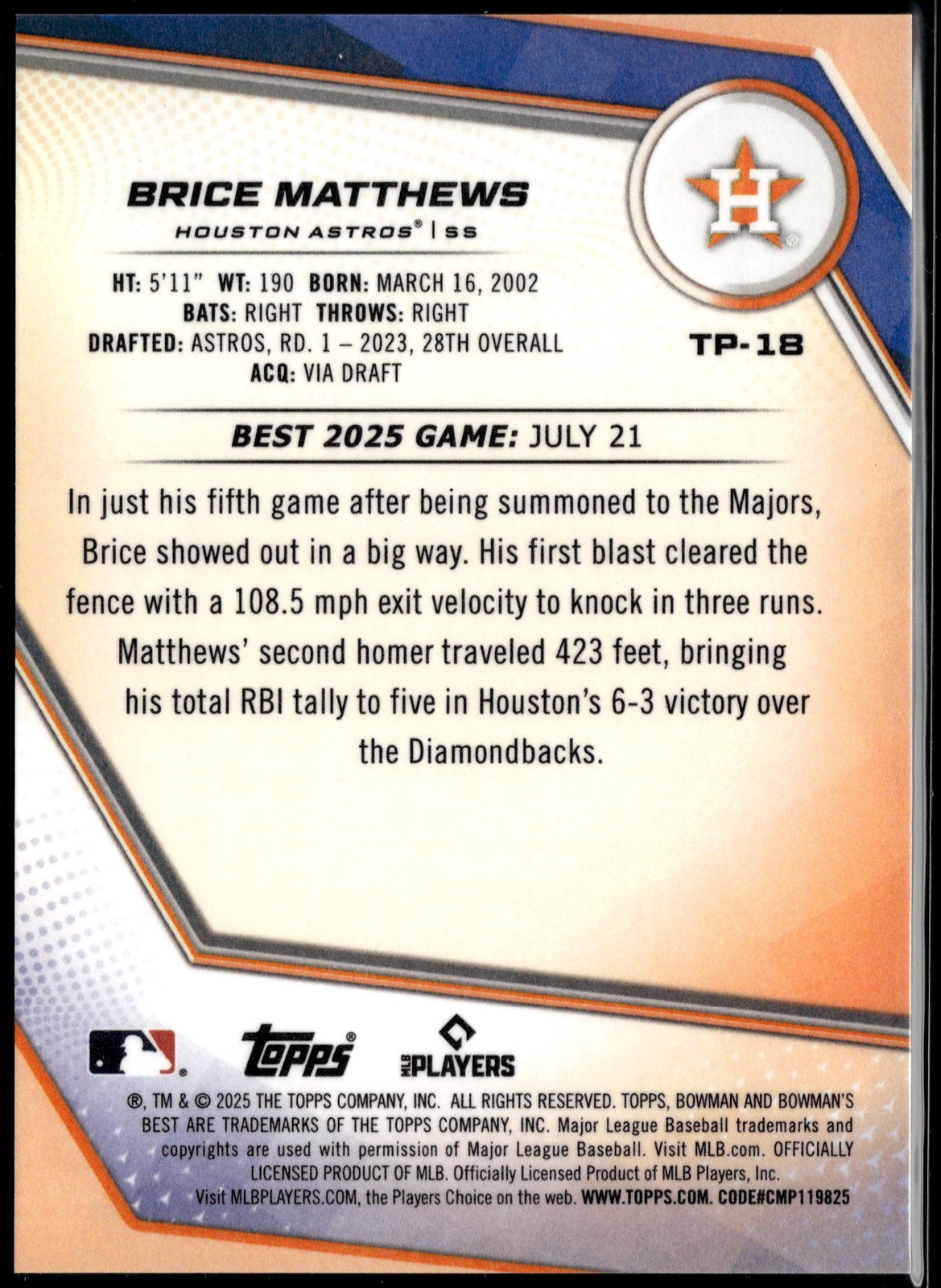 2025 Bowman’s Best #TP-18 Brice Matthews Yellow Lazer Refractors #/75