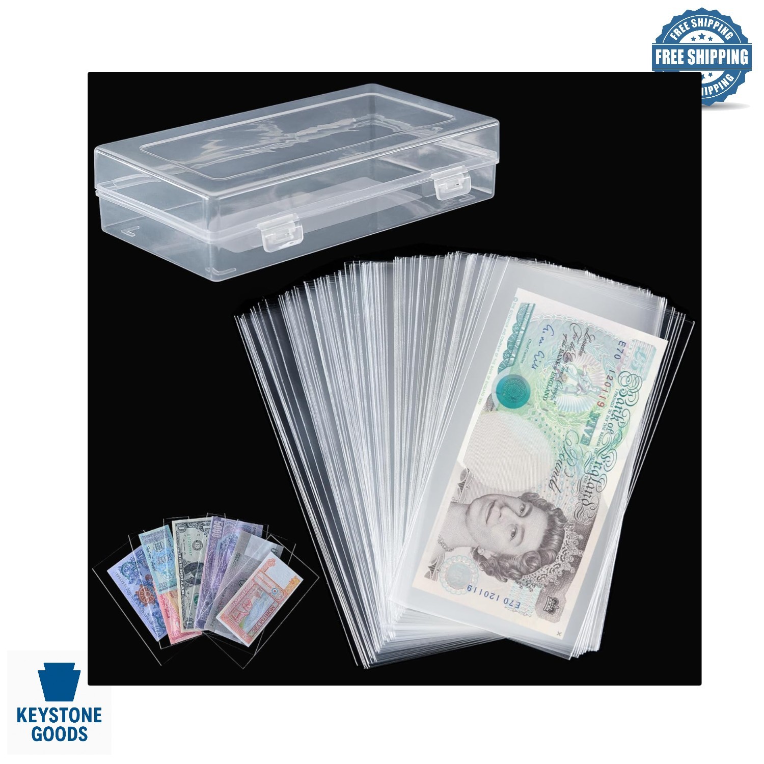 100 Pcs Clear Currency Sleeves with Storage Box for Banknotes & Stamp Collection