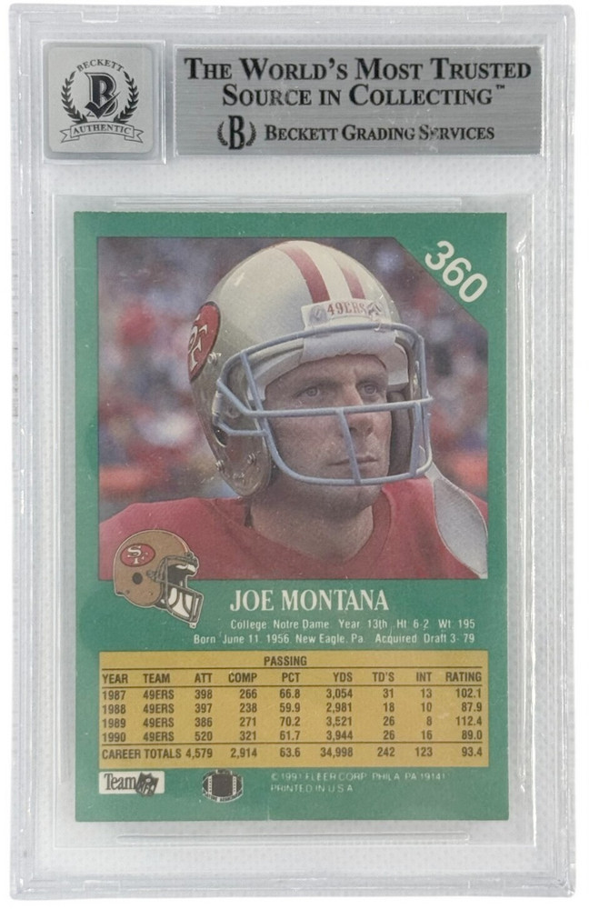 San Francisco 49ers Joe Montana Autographed 91 Fleer #360 Beckett