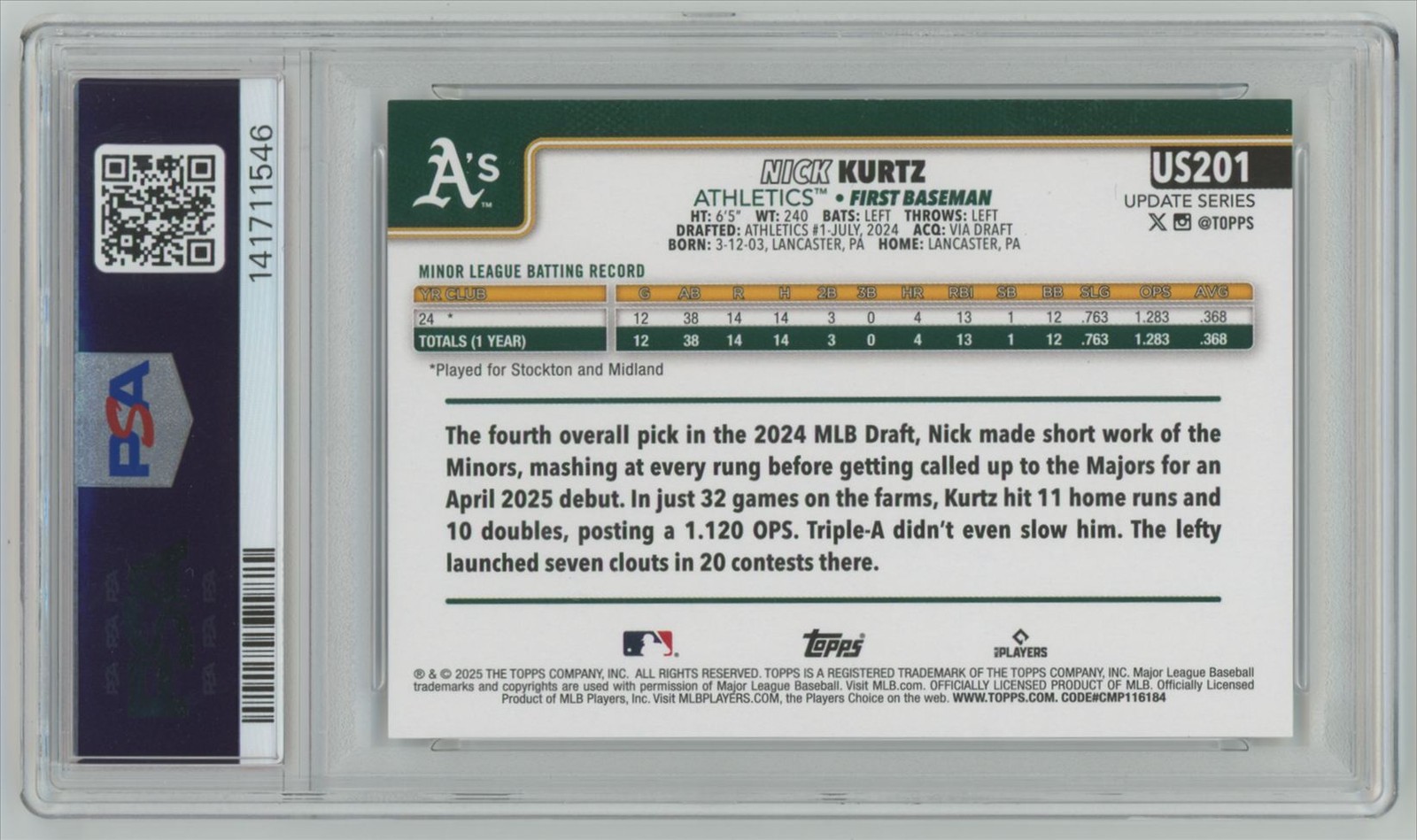 2025 Topps Update Nick Kurtz RC PSA 9 Oakland Athletics #US201