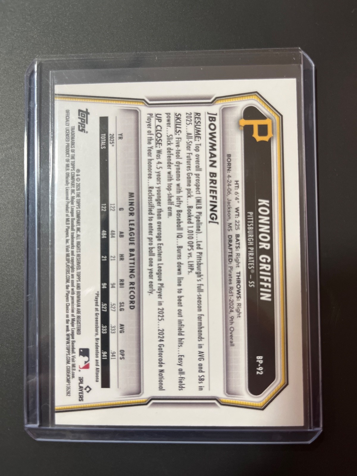 2026 Bowman – Konnor Griffin – Color Match – Yellow Scorebook /75
