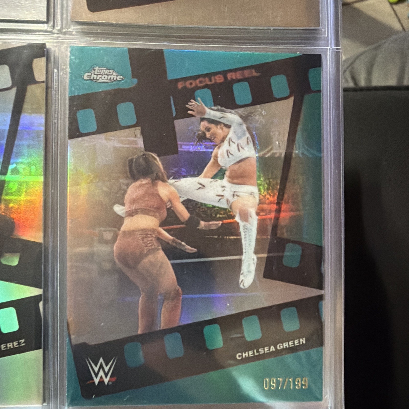 2026 Topps Chrome WWE Chelsea Green Focus Reel FR-4 Aqua Refractor #097/199