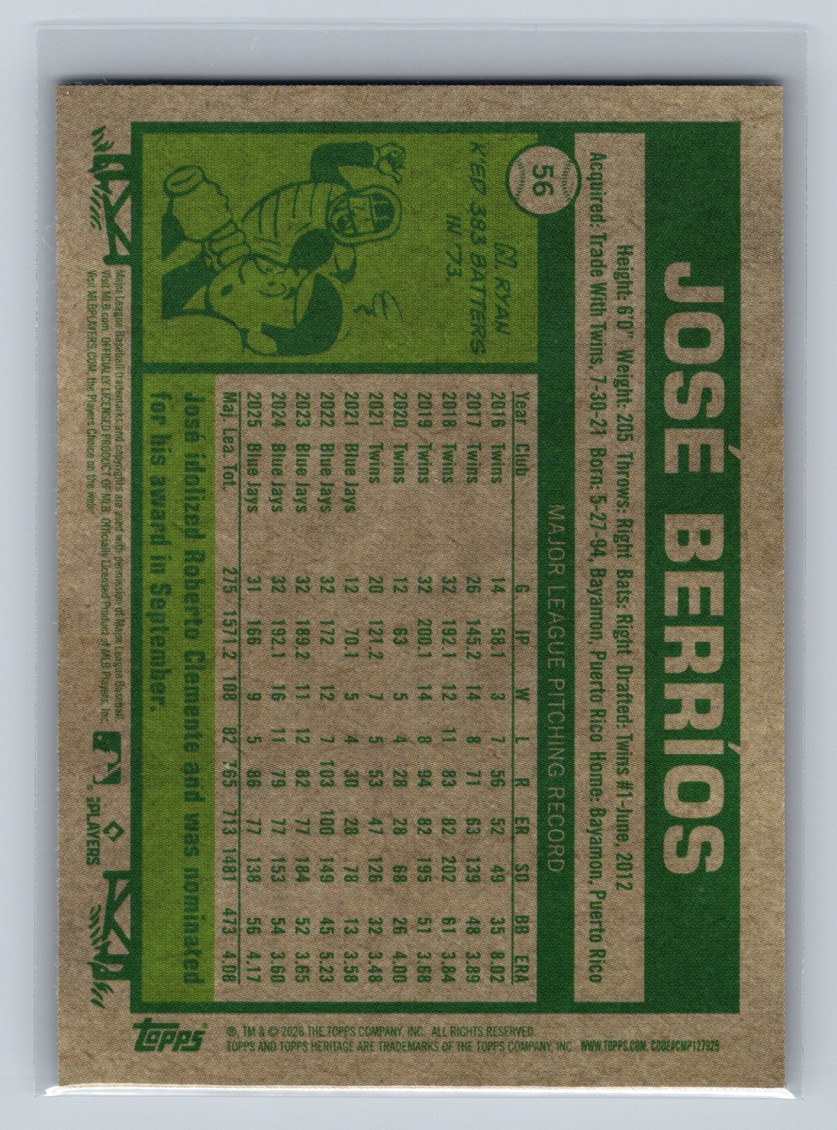 2026 Topps Heritage José Berríos #56 Chrome Silver Sparkle Refractors