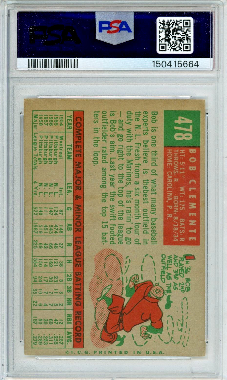 1959 Topps Roberto Clemente baseball card, graded VG+ 3.5, #478 in the set HOF