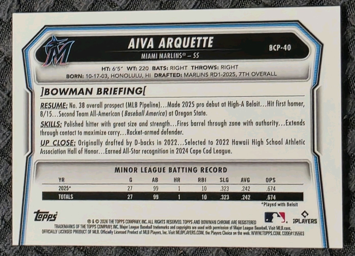 Aiva Arquette #BCP-40 Etched In Stained Glass SSP – 2026 Bowman Chrome – Marlins
