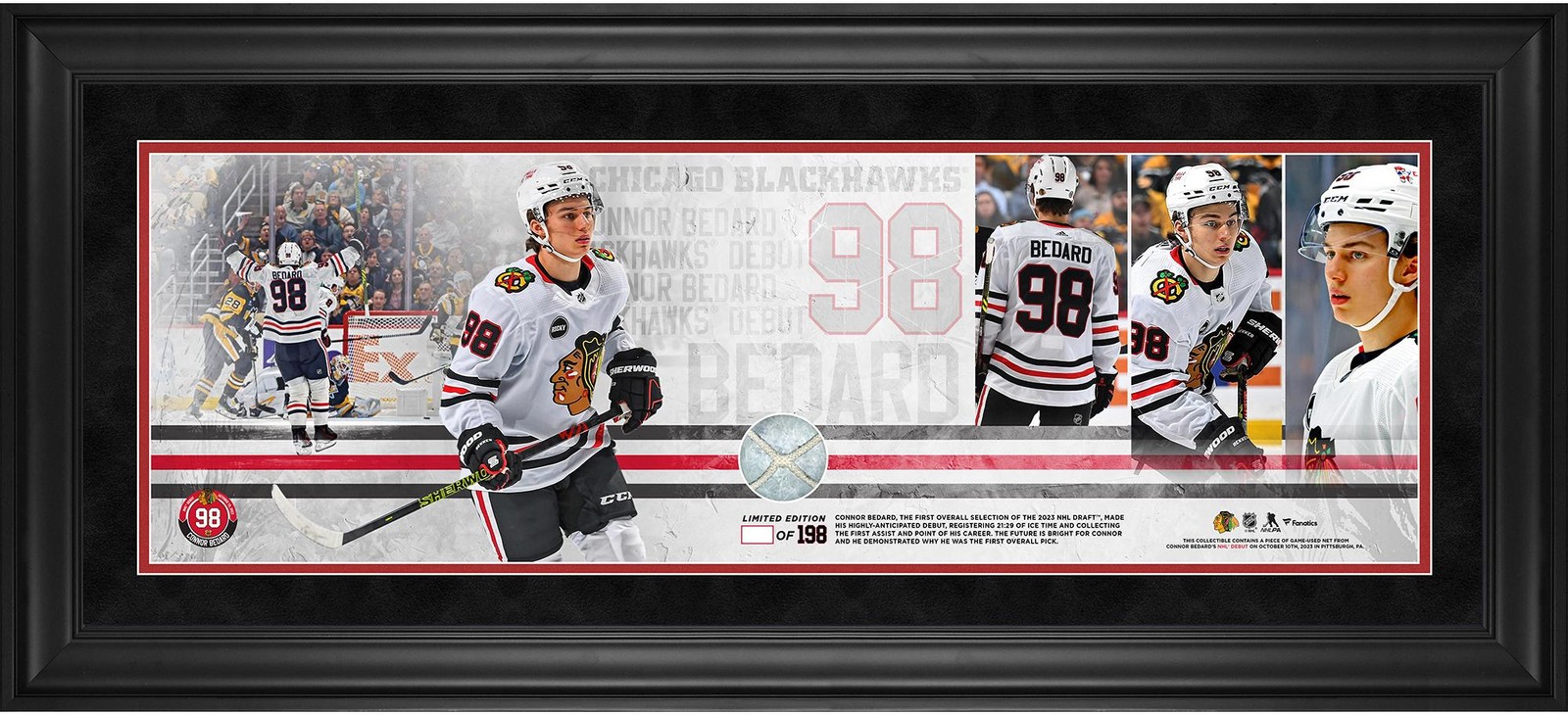Connor Bedard Blackhawks Framed 10×30 Debut Pano w/Piece of GU Net-LE 198