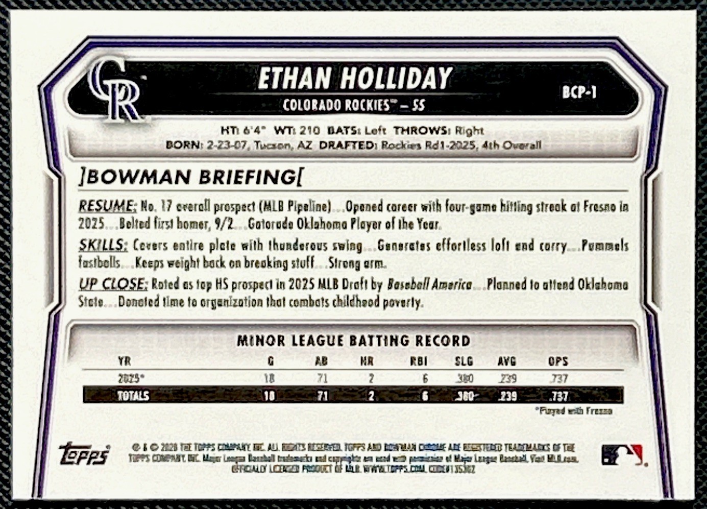 2026 Bowman – Ethan Holliday #BCP-1 1st Bowman Chrome Lazer Refractor (RC)