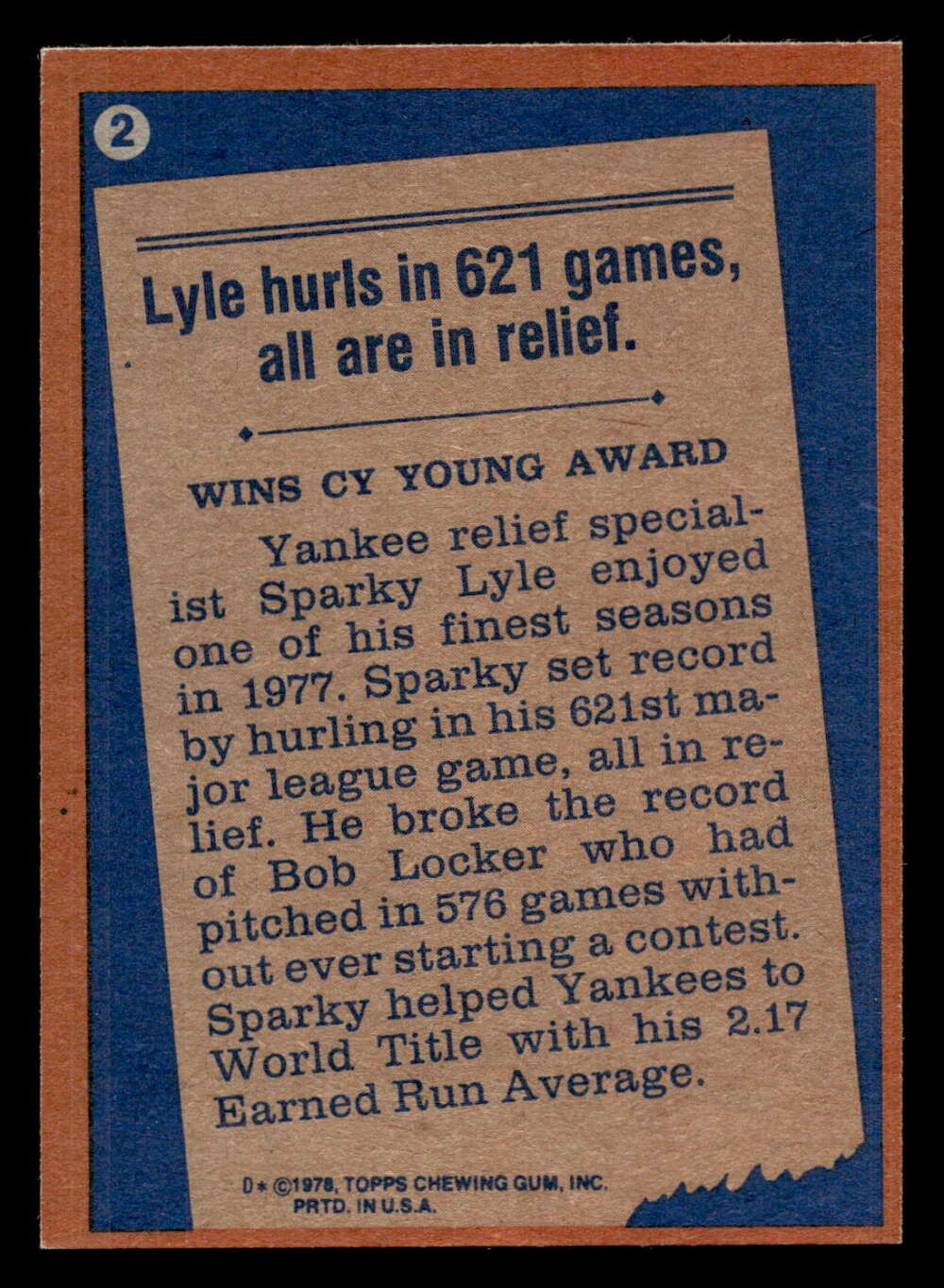 1978 Topps #2 Sparky Lyle RB Near Mint Yankees RB