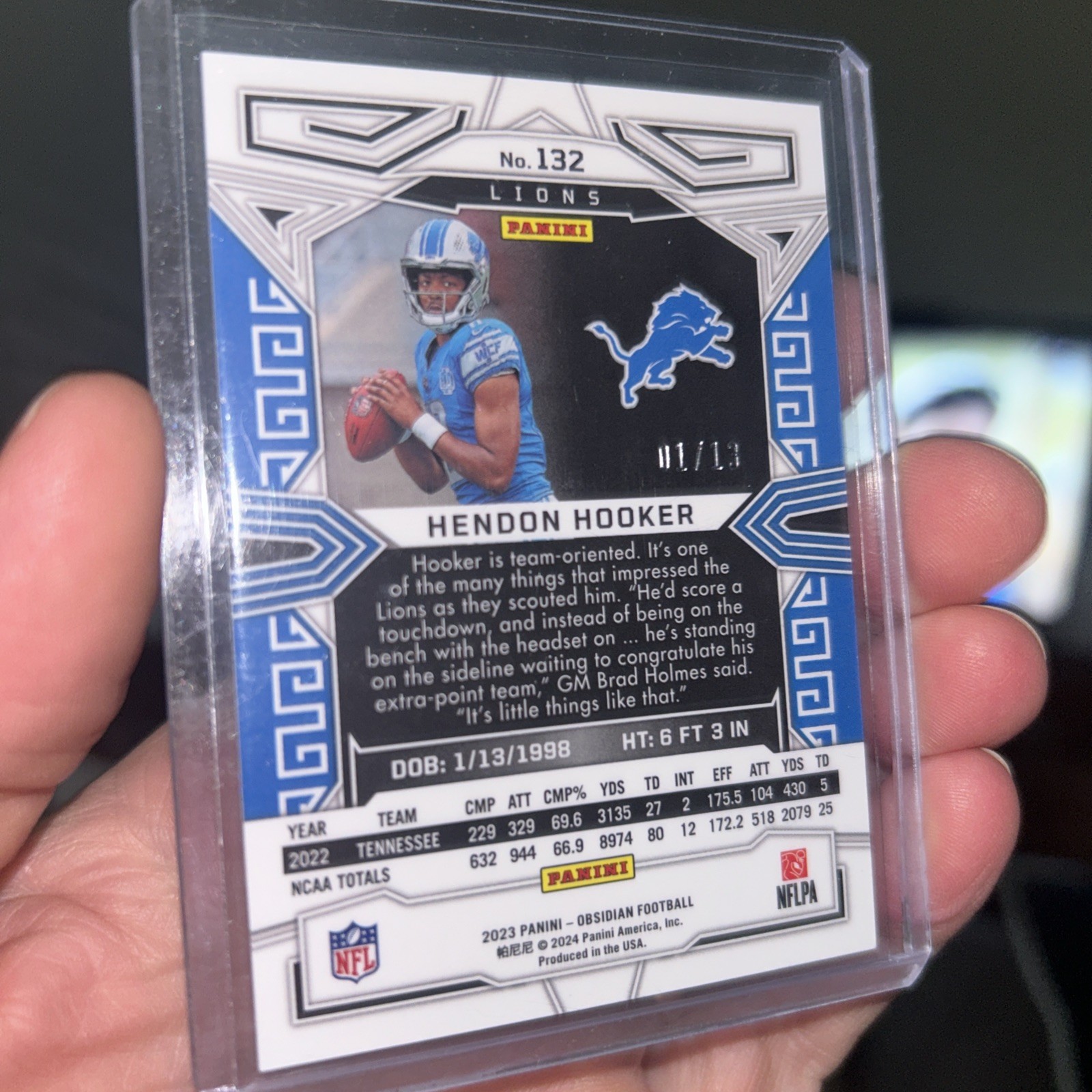 HENDON HOOKER 2023 OBSIDIAN ROOKIE PURPLE FLOOD FOTL LIONS RC /13 Q3286