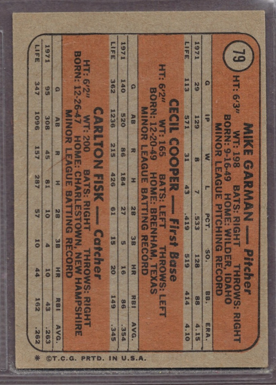 1972 Topps Set-Break # 79 Carlton Fisk/C.Cooper VG-VGEX *JAYSACE*