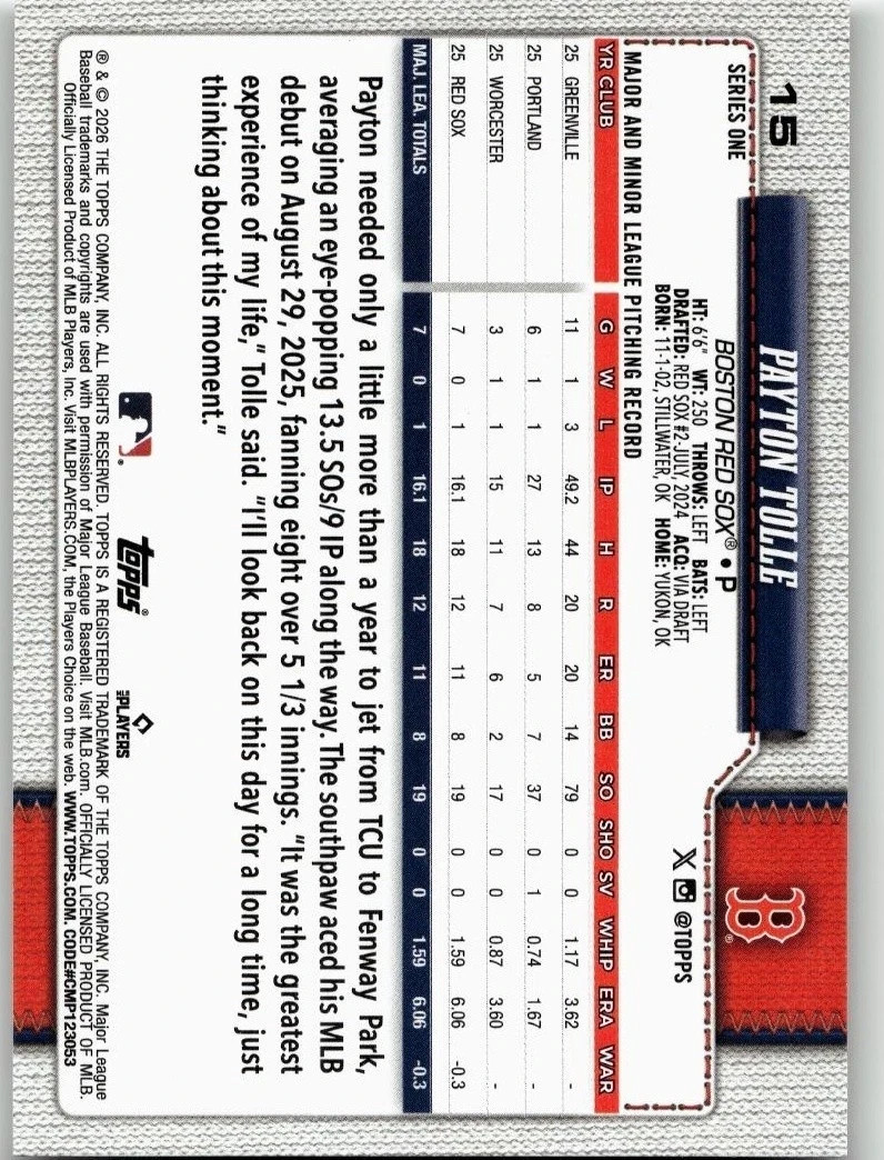 2026 Topps Series One Payton Tolle Rookie Card Boston Red Sox #15