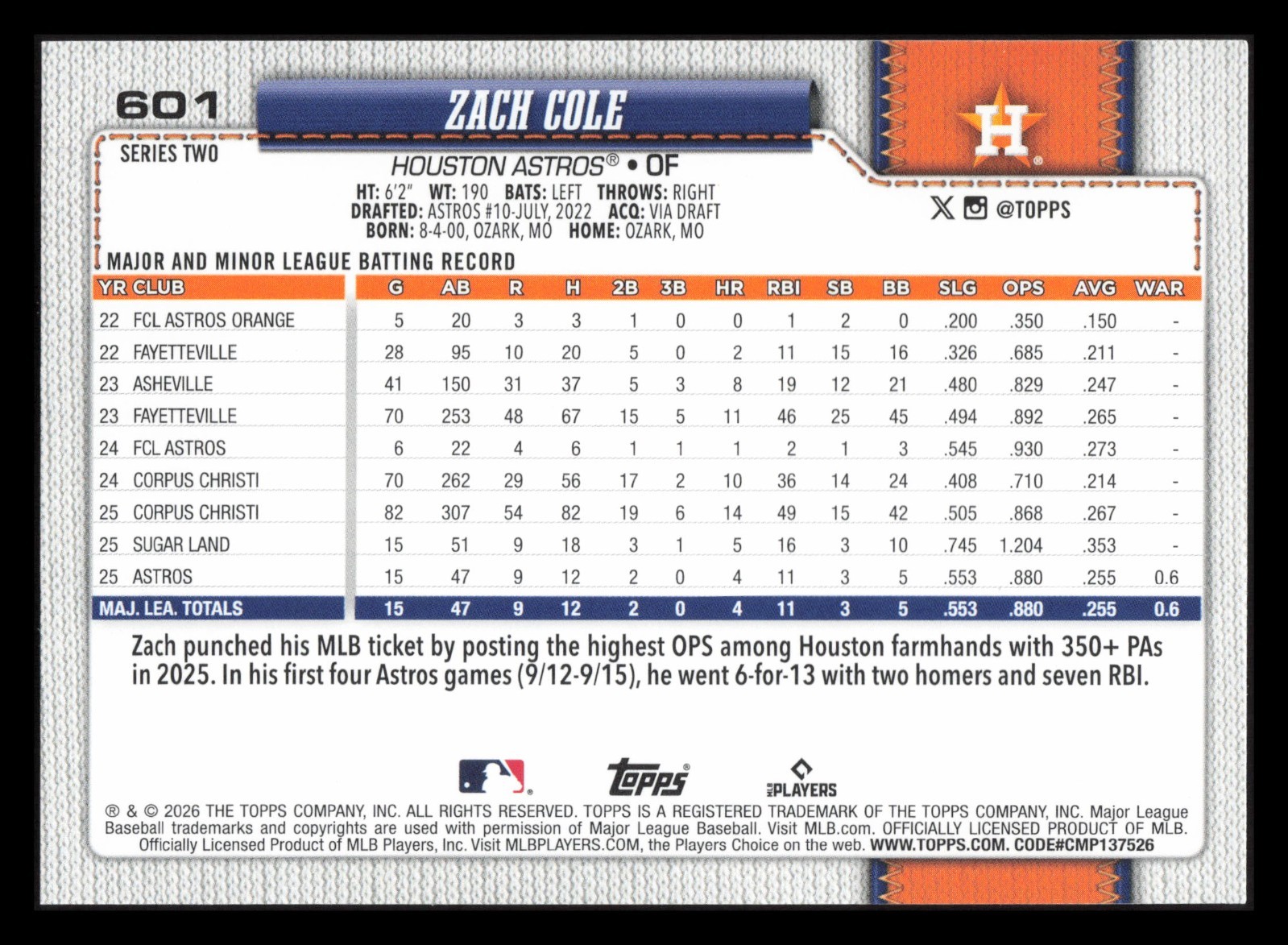 ZACH COLE RC Holiday Sun 2026 Topps Series 2 #601 Houston Astros