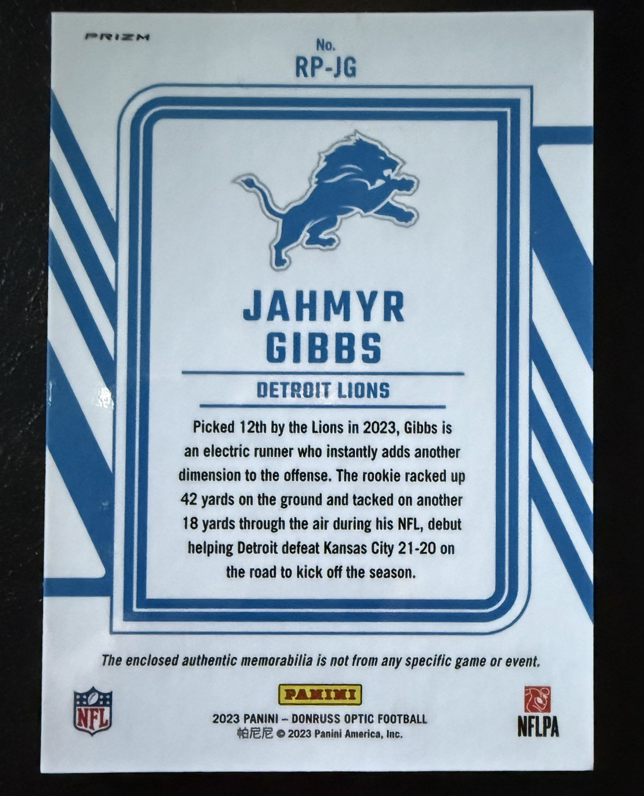 Jahmyr Gibbs 2023 Donruss Optic Football #RP-JG Blue Hyper Rookie Phenom Relic