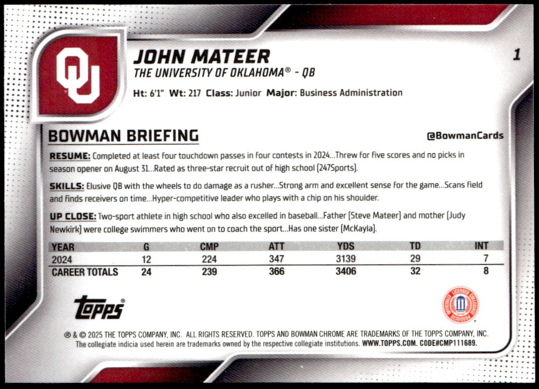 2025 Bowman University Chrome #1 John Mateer Xfractor 1st