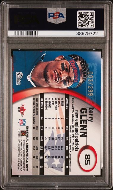 2001 Fleer E-X /299 Essential Credentials Now #85 Terry Glenn SP NE Pop 3! PSA 8