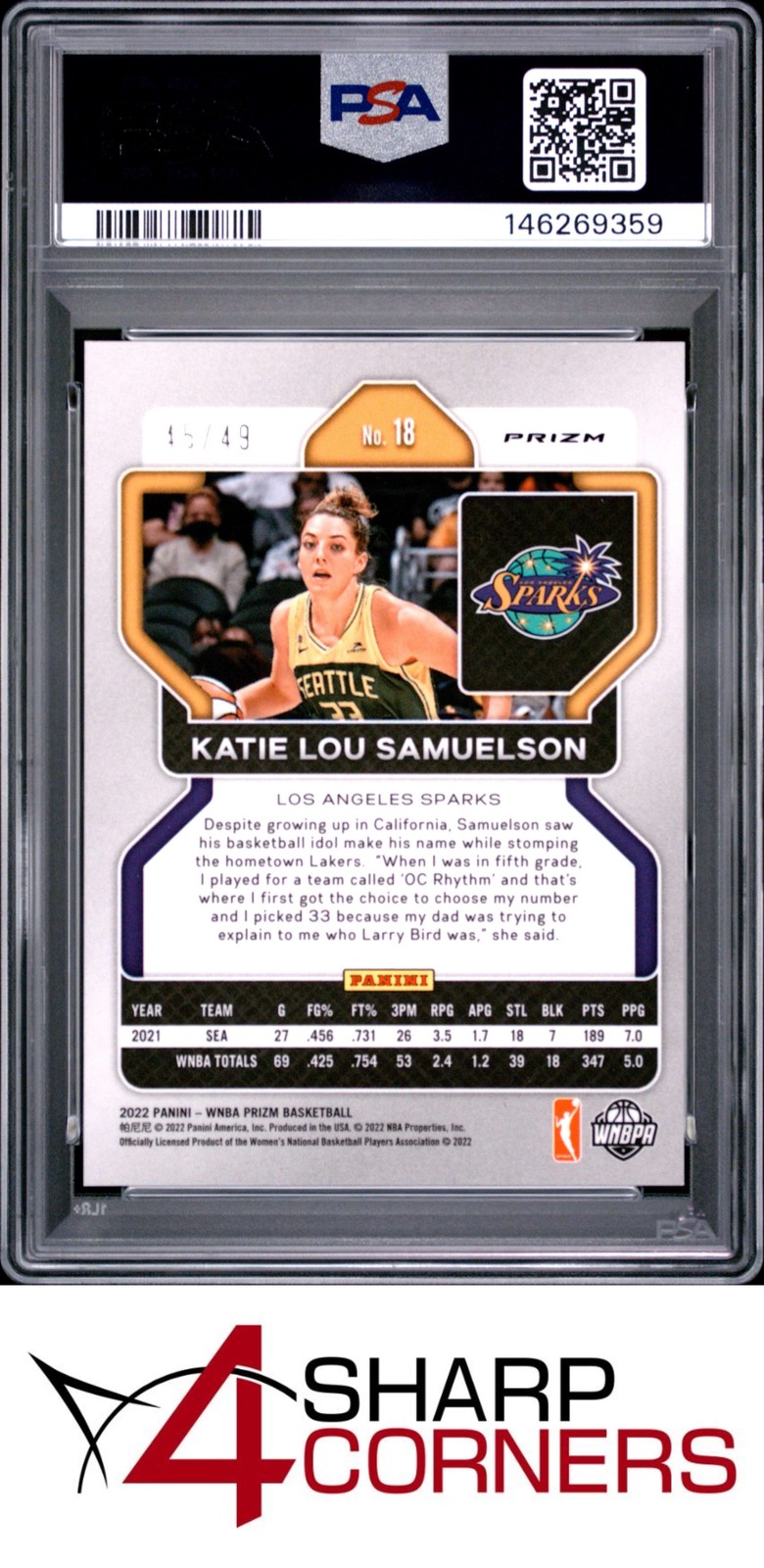 2022 PANINI PRIZM WNBA ORANGE #18 KATIE LOU SAMUELSON #/49 POP 1 PSA 9