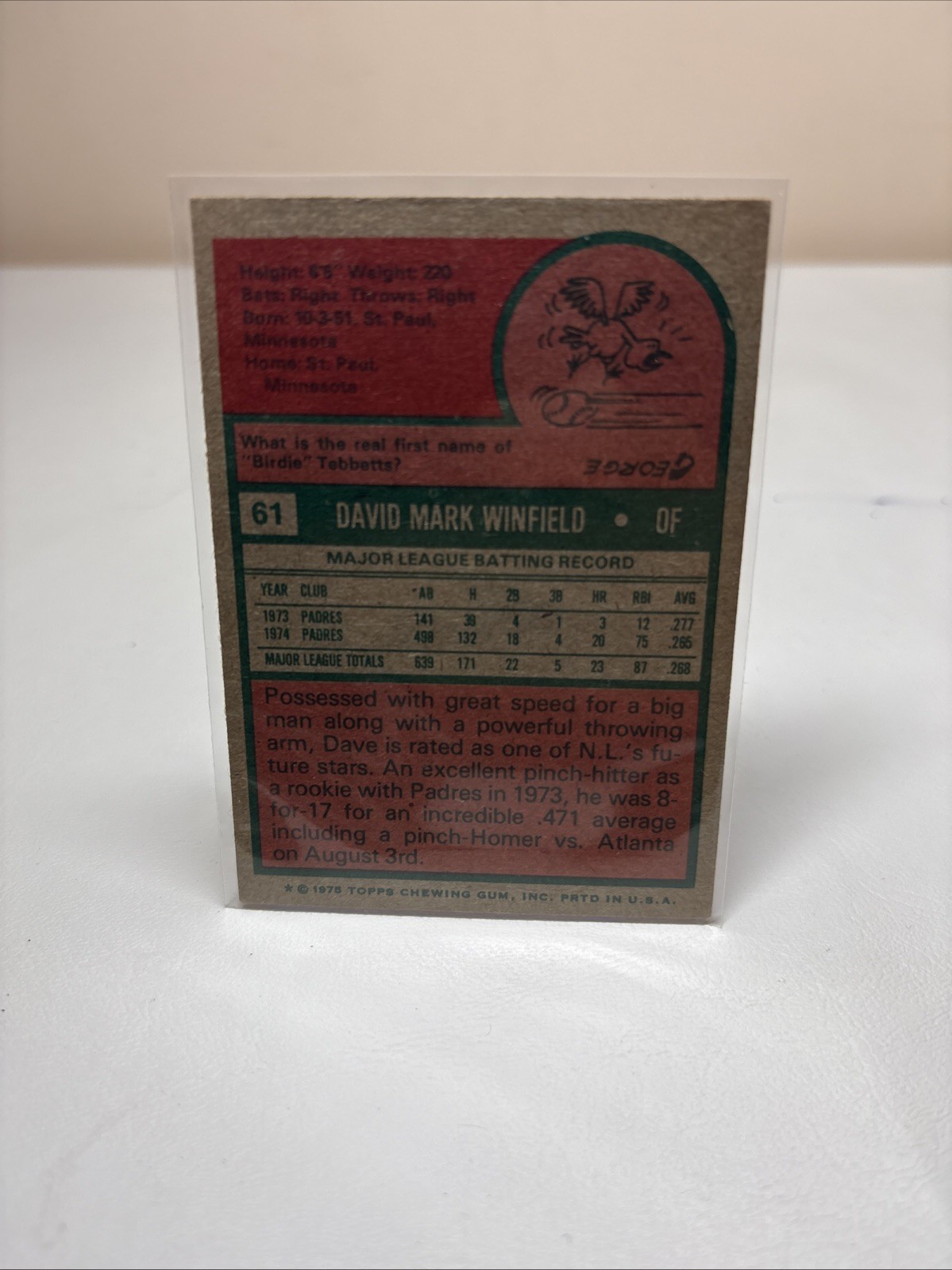 1975 Topps – Dave Winfield #61 Padres Vg-EX Minor Crease