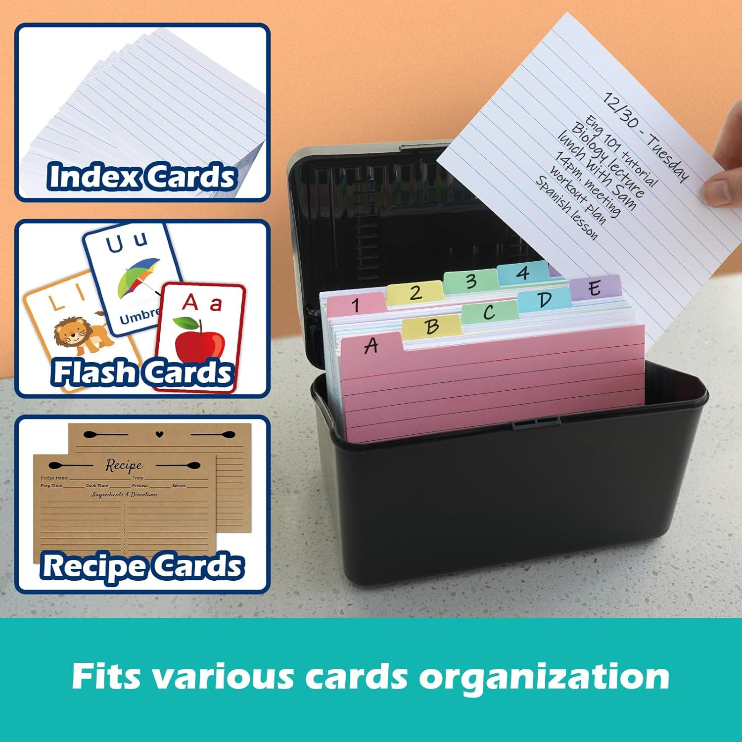 3X5 Index Card Holder Box with 100 Cards Dividers Tabs 3″X 5″, Teal