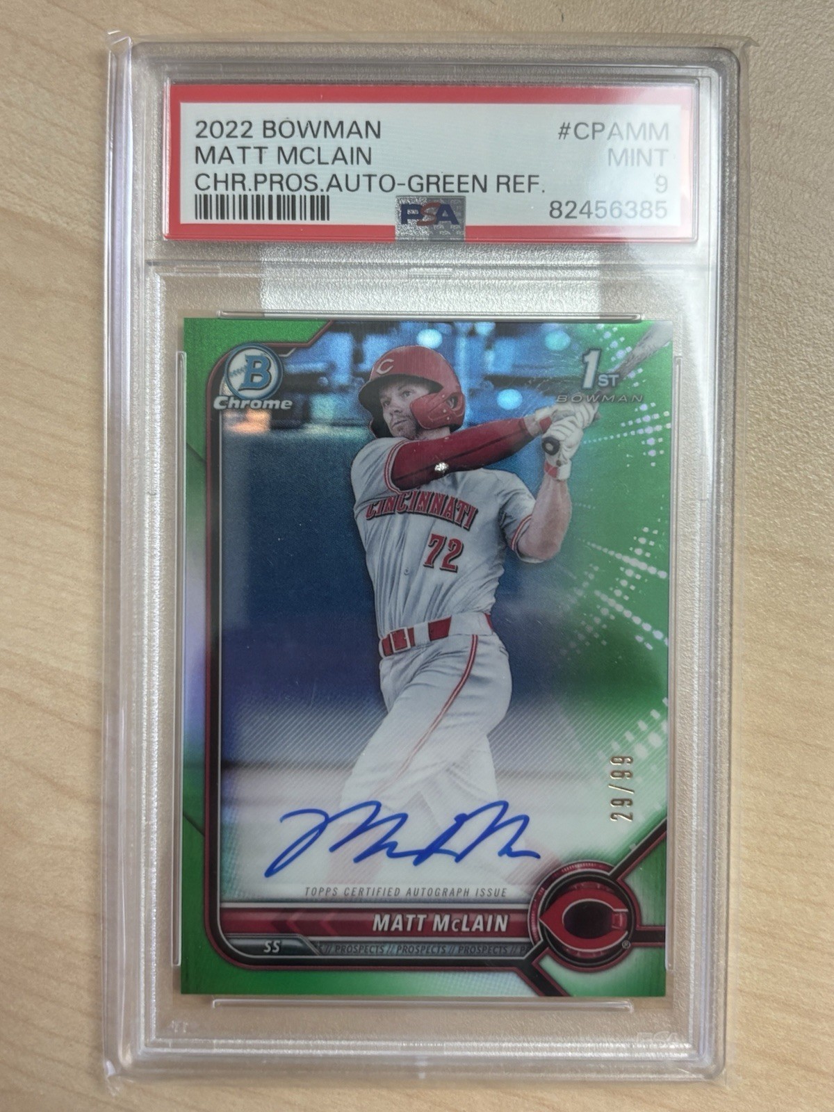 2022 Bowman Chrome CPA-MM Matt McLain Green Ref Auto /99 PSA 9 1st Bowman Reds