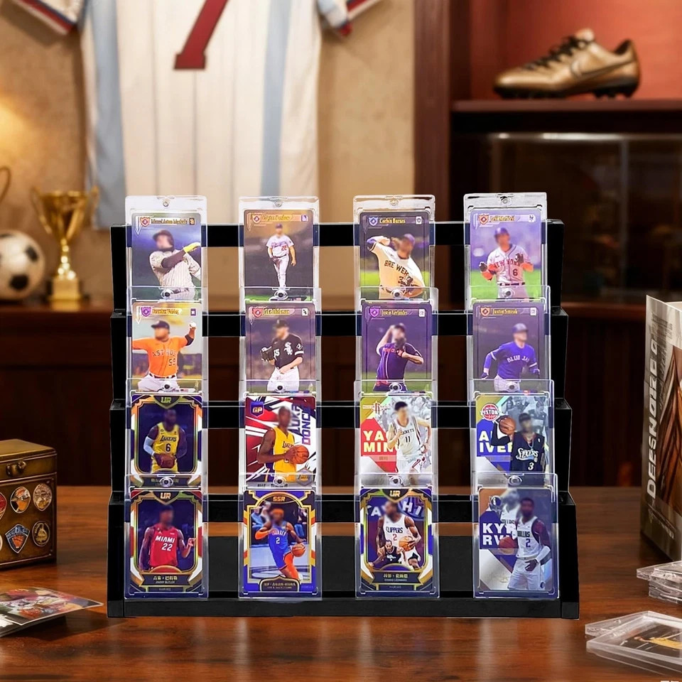 4-Tier Wooden Trading Card Display Stand – Graded Sports Card Holder for Basebal