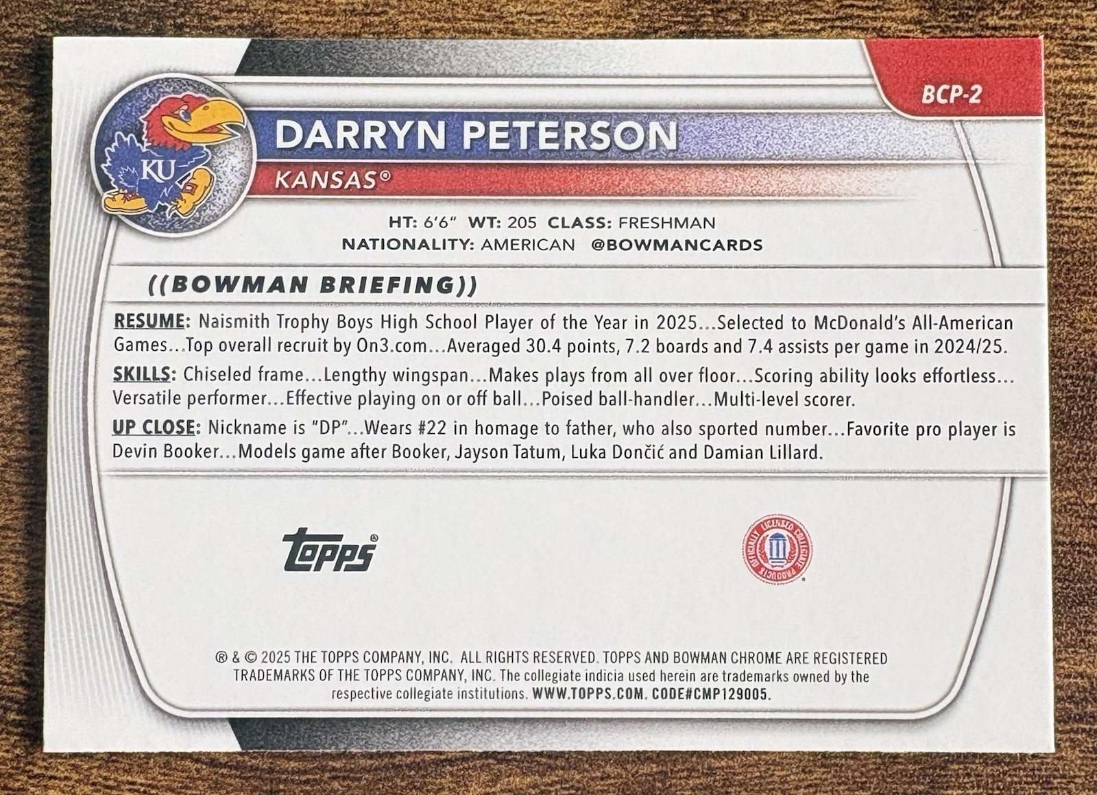 2025-26 Bowman Basketball Darryn Peterson 1st Bowman Chrome Reptilian Refractor