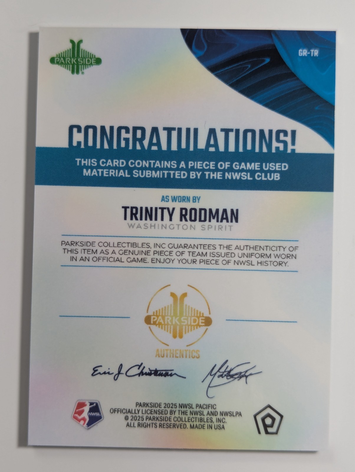 2025 Parkside NWSL Pacific Trinity Rodman Game Worn Relic QTY
