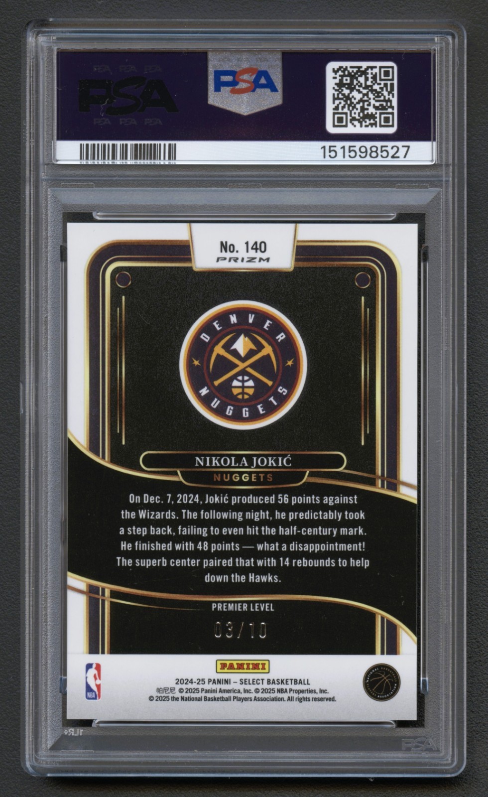 NIKOLA JOKIC 2024 SELECT PREMIER GOLD CRACKED ICE PRIZM REFRACTOR /10 PSA 10 GEM