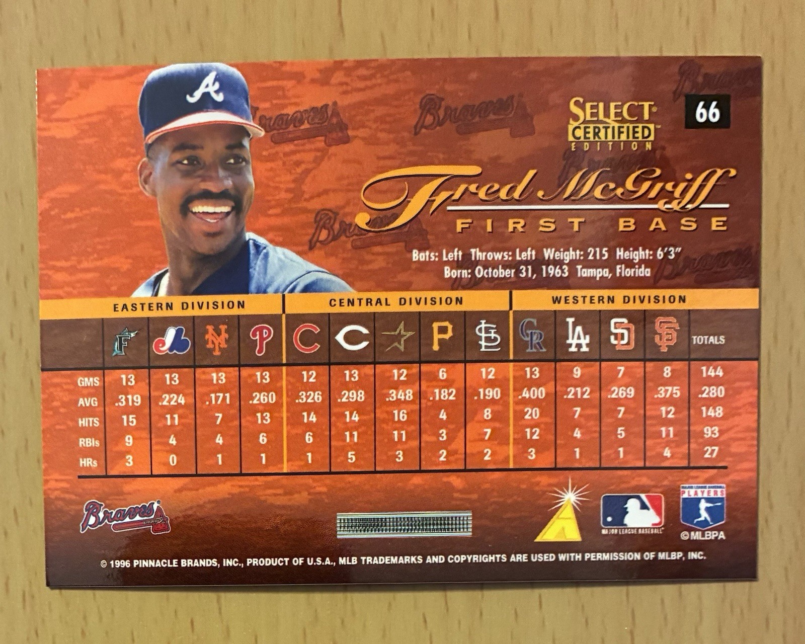 1996 SELECT CERTIFIED BASEBALL CERTIFIED RED FRED MCGRIFF #66 ATLANTA BRAVES 1