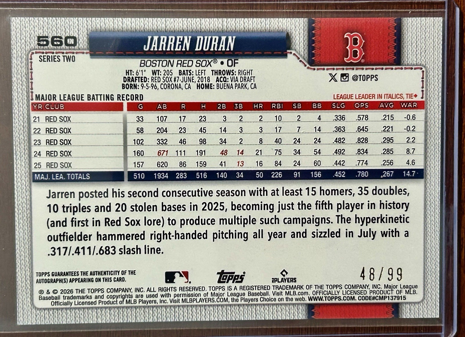 2026 Topps Series 2- Jarren Duran Autograph Green /99 Red Sox Color Match⚾️🔥