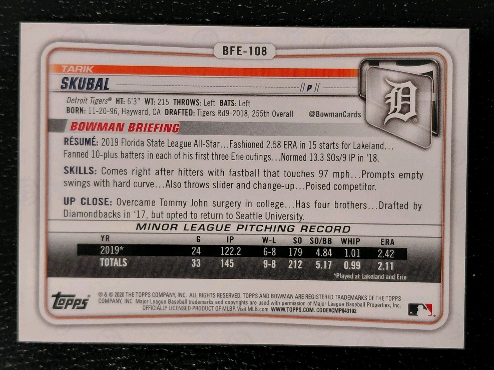 2020 Bowman 1st Edition Tarik Skubal #BFE-108