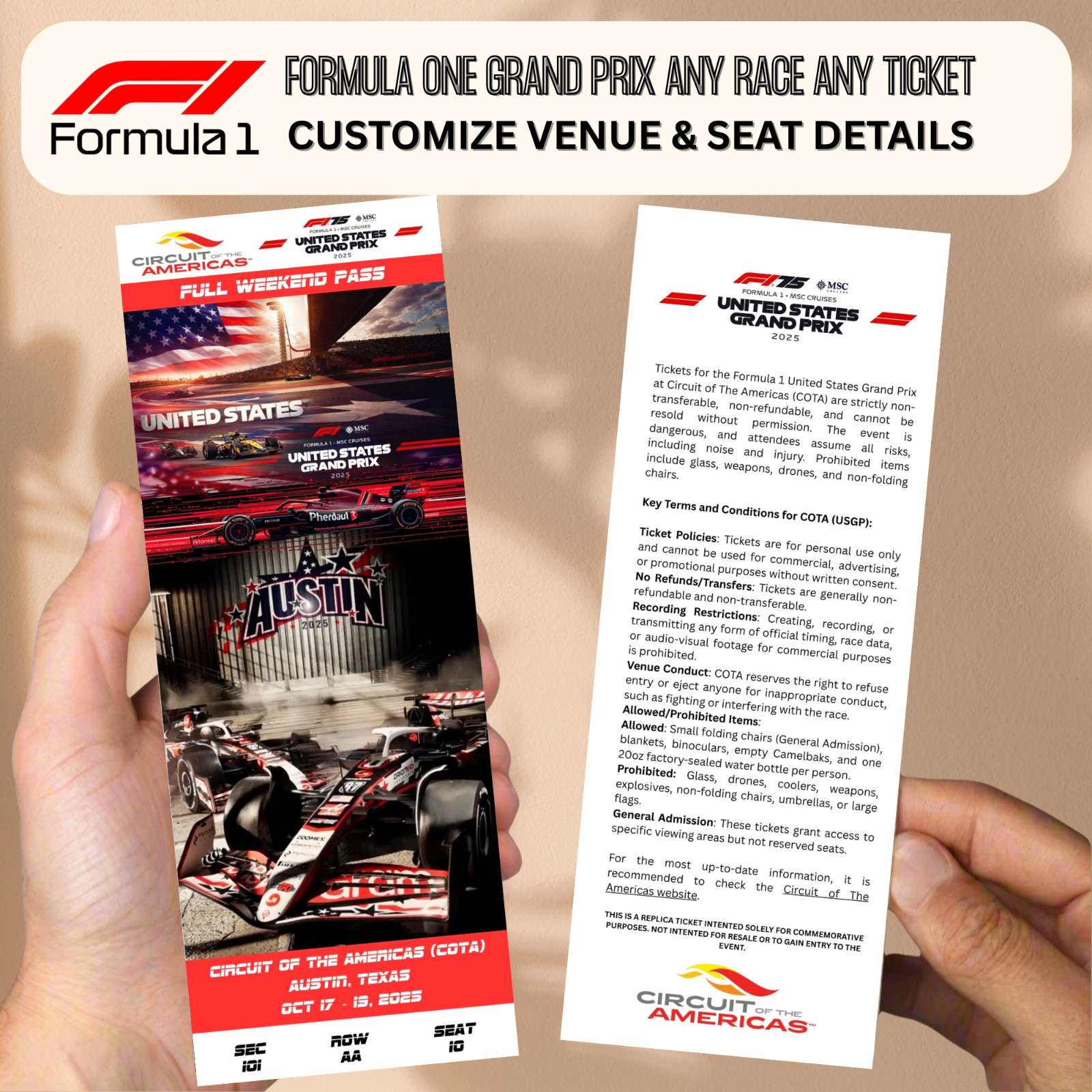 F1 Grand Prix Commemorative Custom Ticket Stub Any Grand Prix Any Year Any Seat