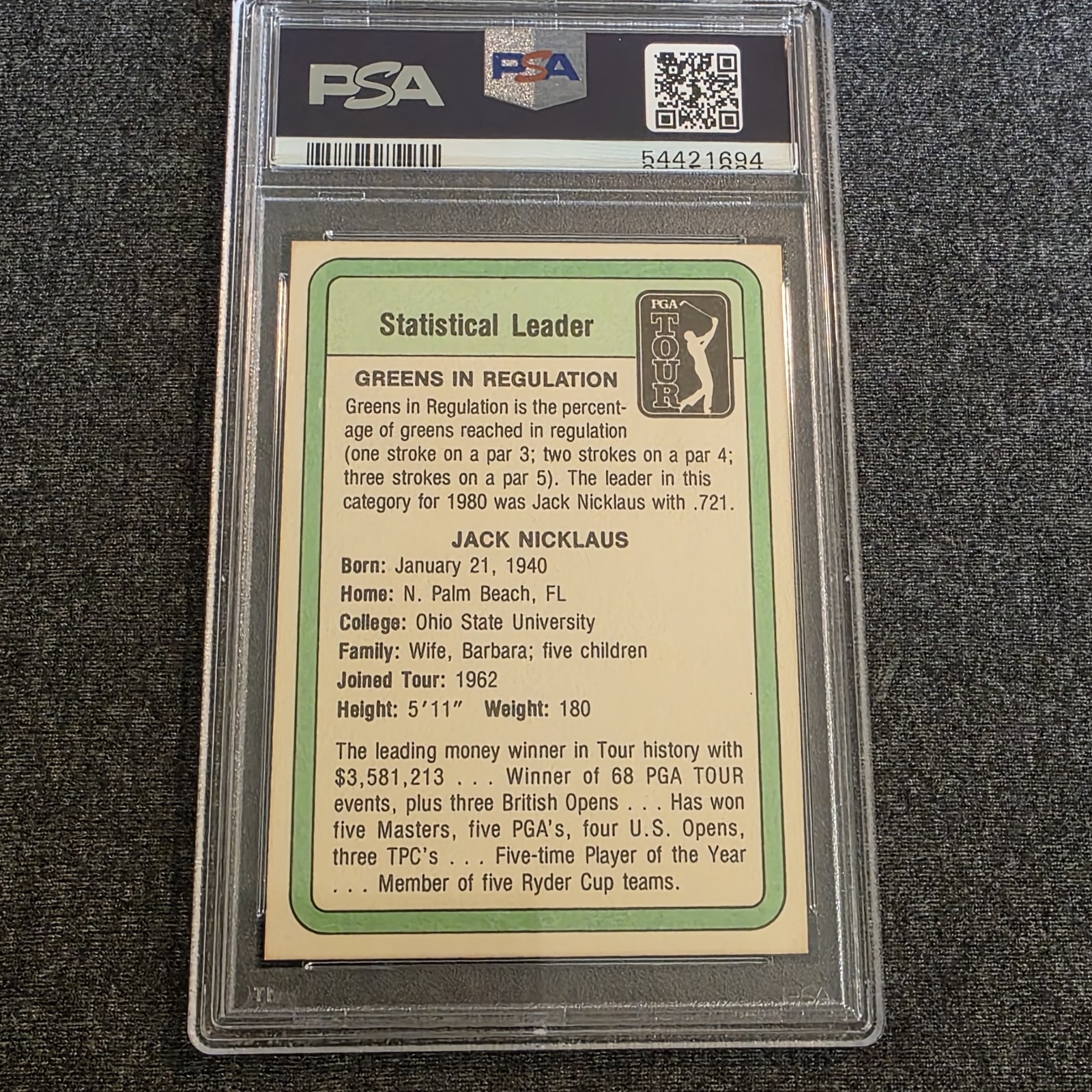 1981 Donruss Jack Nicklaus Statistical Leader PSA 8 Graded Golf Card NM-MT