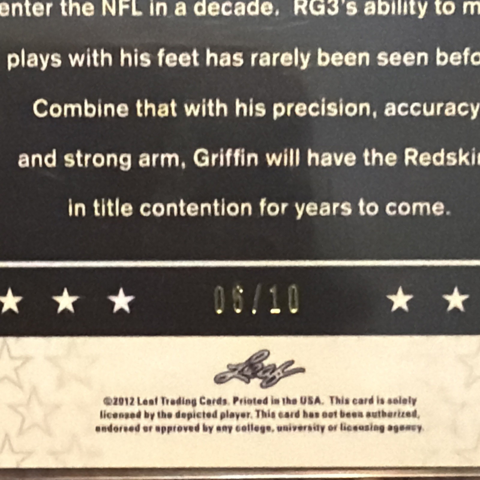 Leaf 2012 Valiant Stars All-Rookie Robert Griffin III #S-1 Gold RC /10