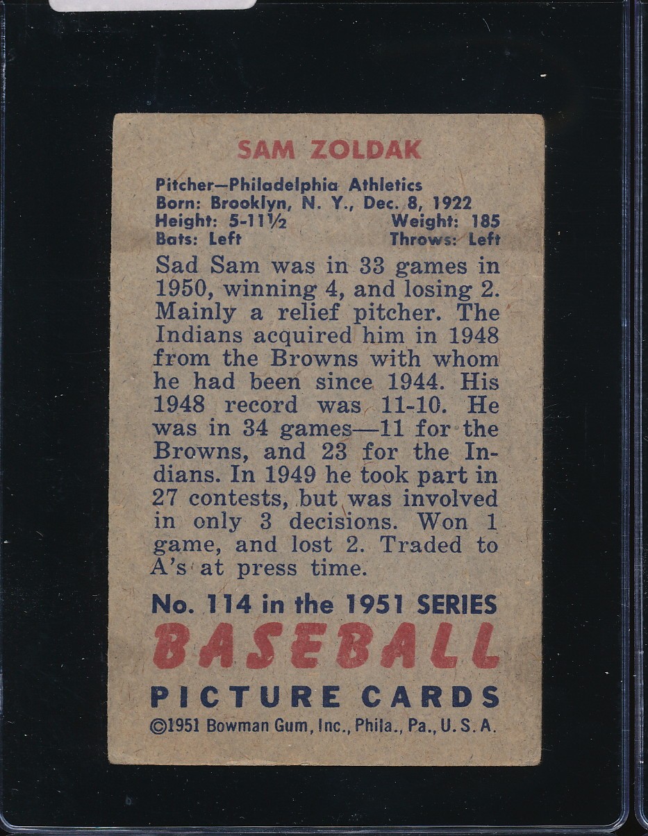 1951 Bowman Sam Zoldak #114 – A’s – Vg – M2654