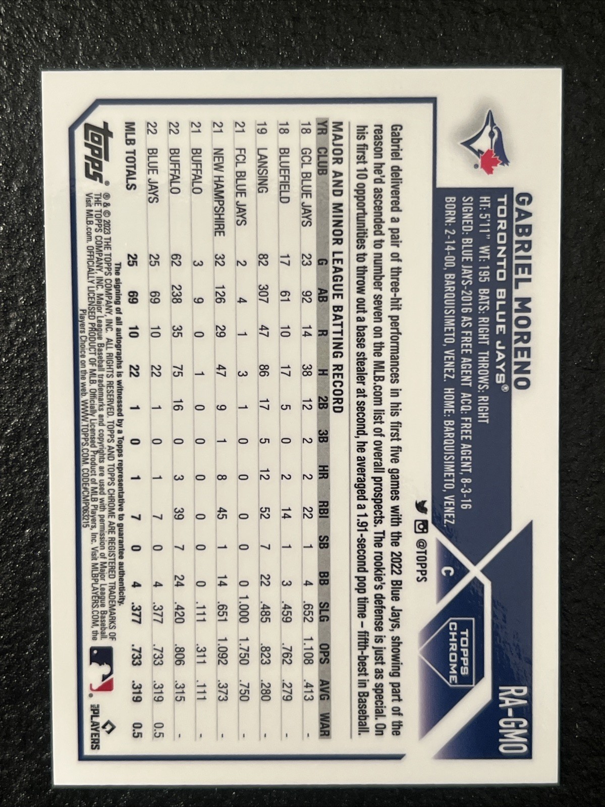 2023 Topps Chrome -Rookie Autographs Gabriel Moreno Aqua Wave Refractor /199 RC
