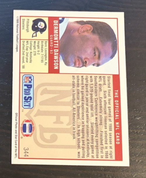 1989 Pro Set DERMONTTI DAWSON Rookie Card RC #344 Steelers