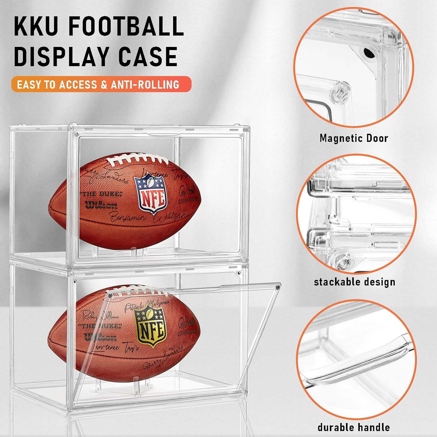 2 Pack Football Display Case, Acrylic Clear Football Case Full Size with Magnet
