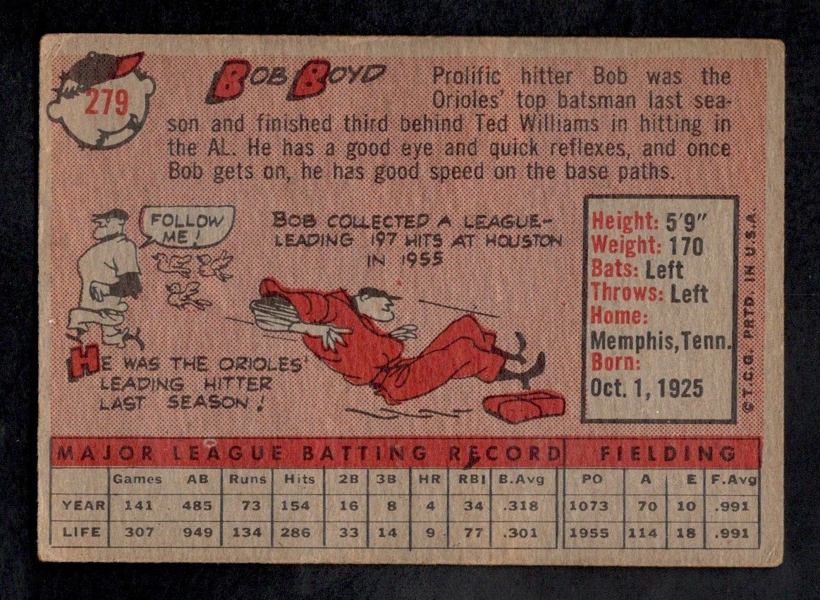 1958 Topps Baseball #279 Bob Boyd Baltimore Orioles VG+