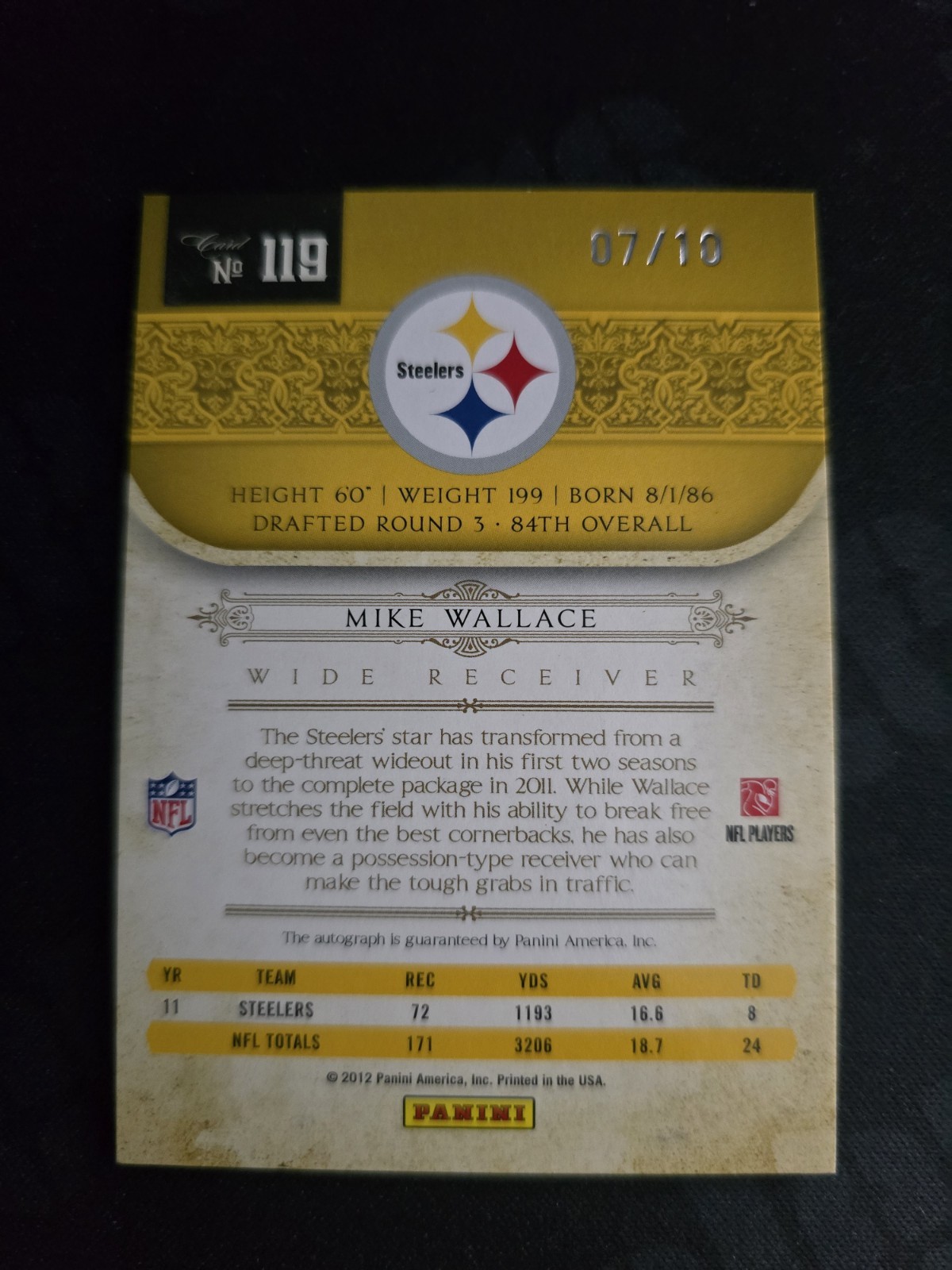 Mike Wallace 2011 Playoff National Treasures Century Black Signatures Auto 7/10