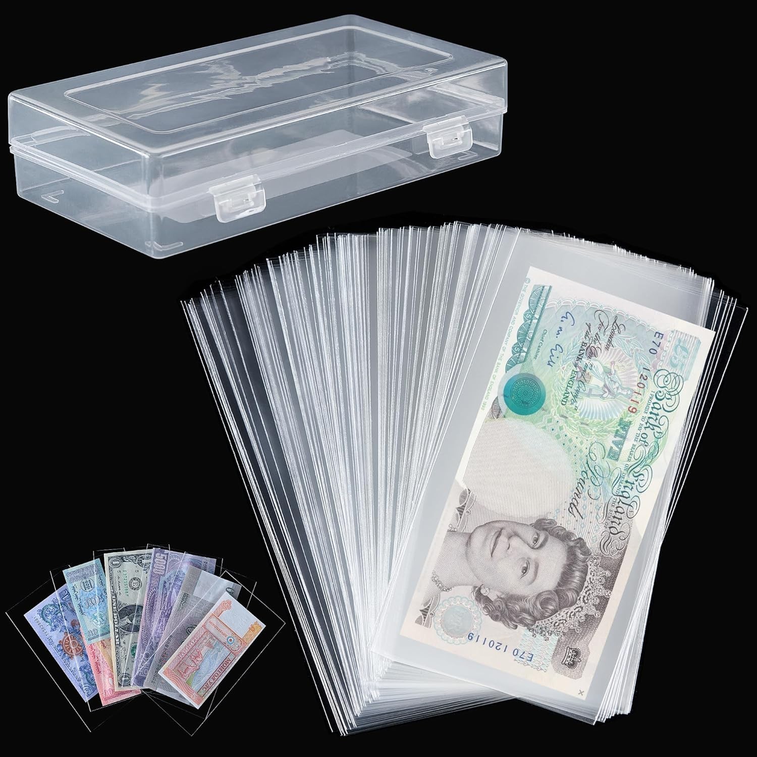 100 Pcs Clear Currency Sleeves with Storage Box for Banknotes & Stamp Collection