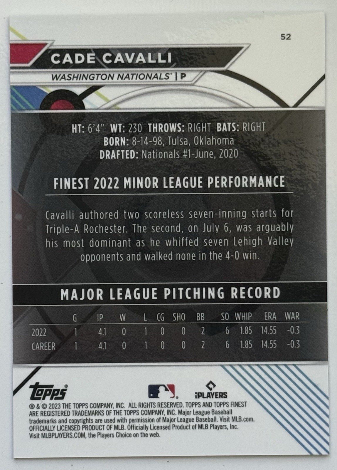 2023 Topps Finest Cade Cavalli /50 Gold Mini Diamond Refractor Rookie. Nationals