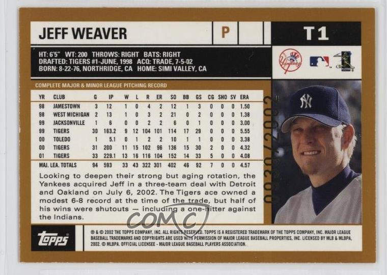 2002 Topps Traded Gold /2002 Jeff Weaver #T1 l5w