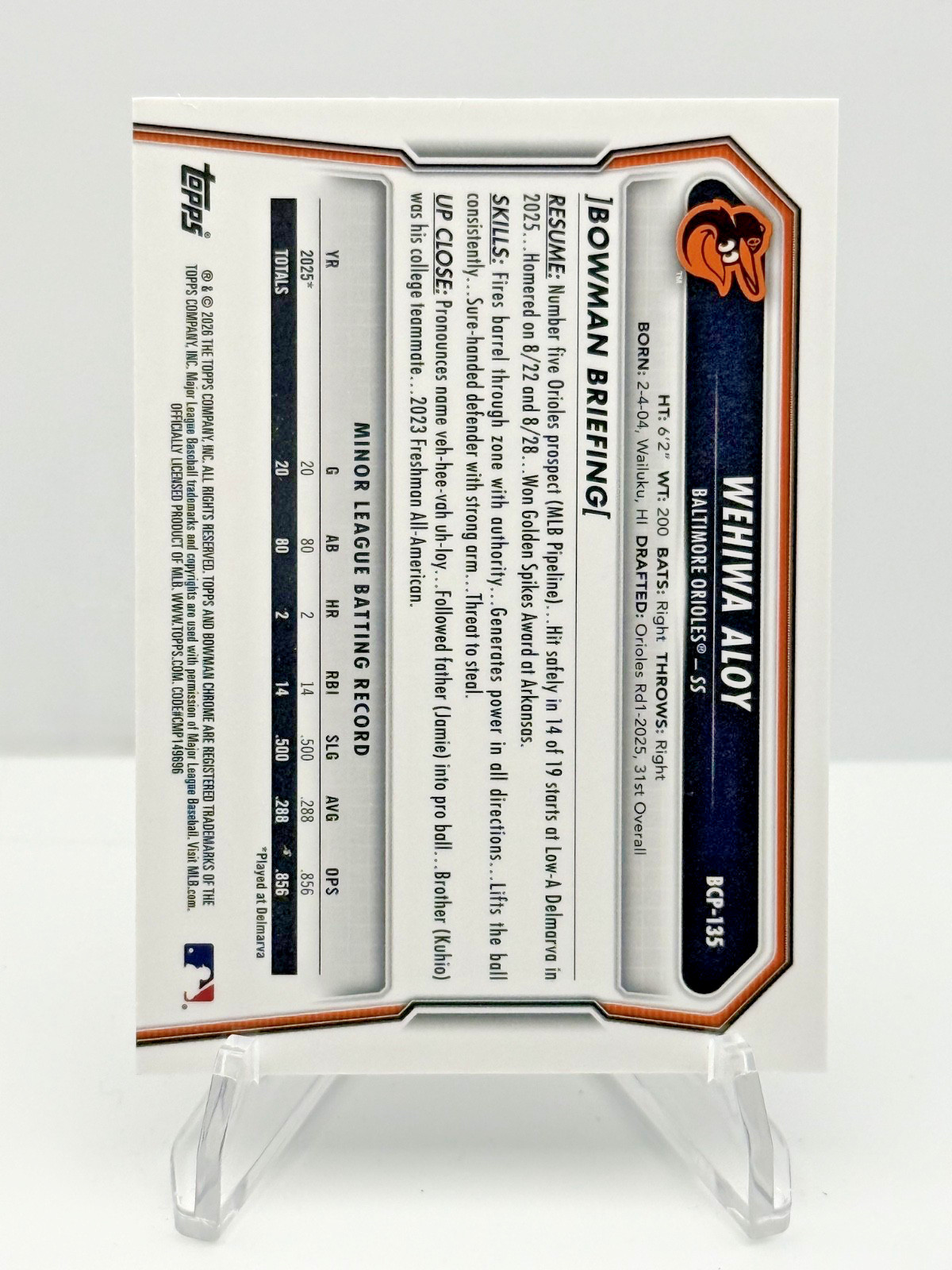 2026 Bowman Chrome Prospects – Wehiwa Aloy Mojo Refractor (RC) #BCP-135